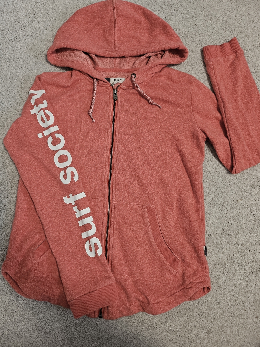 Vintage Roxy Coral Zip Hoodie Jacket with 'Surf Society' Sleeve